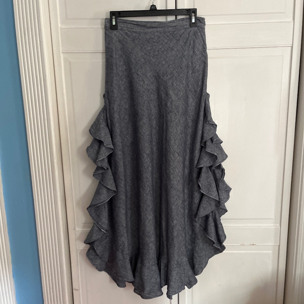 Sophie Max Ruffled chambray long skirt